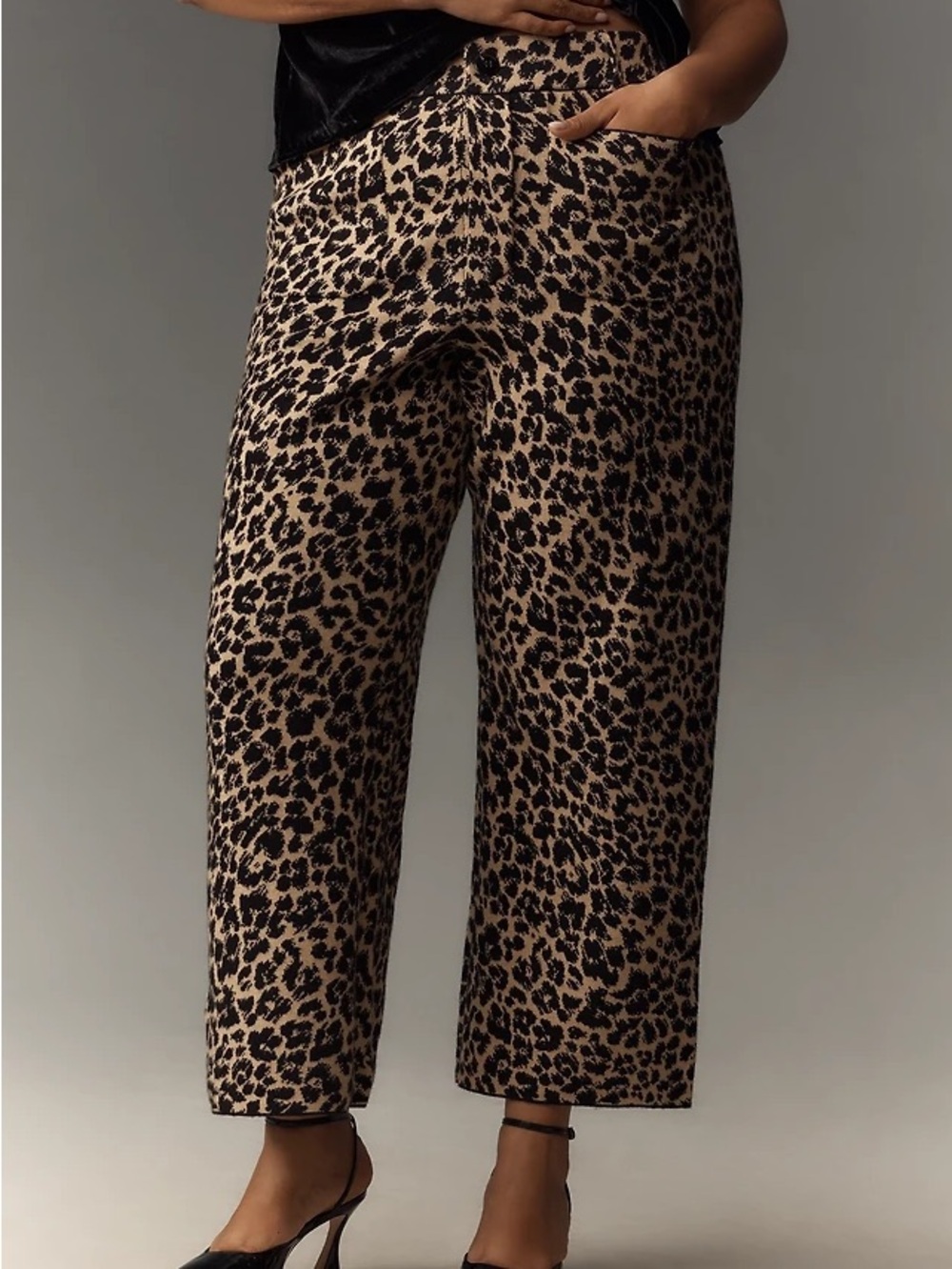 Maeve The Colette Sweater Knit Crop  Wide-Leg Pants - Black and Tan 1X